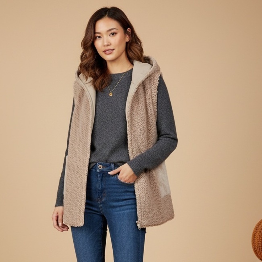 Louis Castel Teddy Sherpa‎ Fleece Reversible Faux leather Vest Hooded Pockets